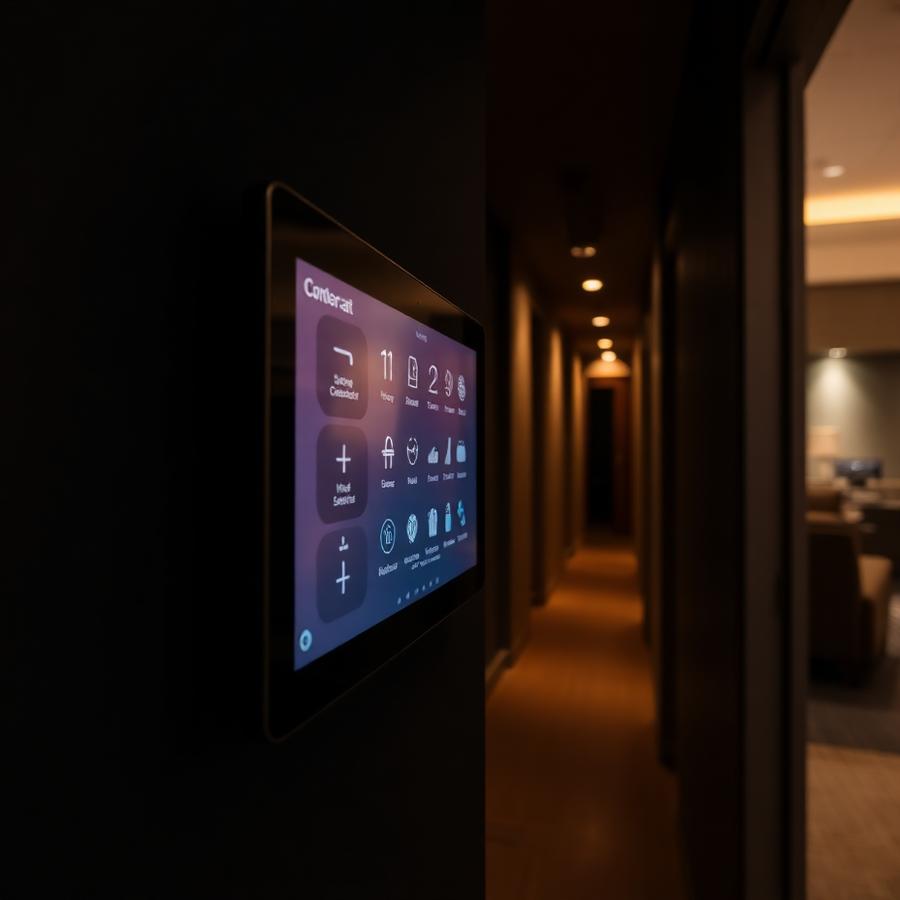 Wall-mounted smart home control panel in a dark hallway